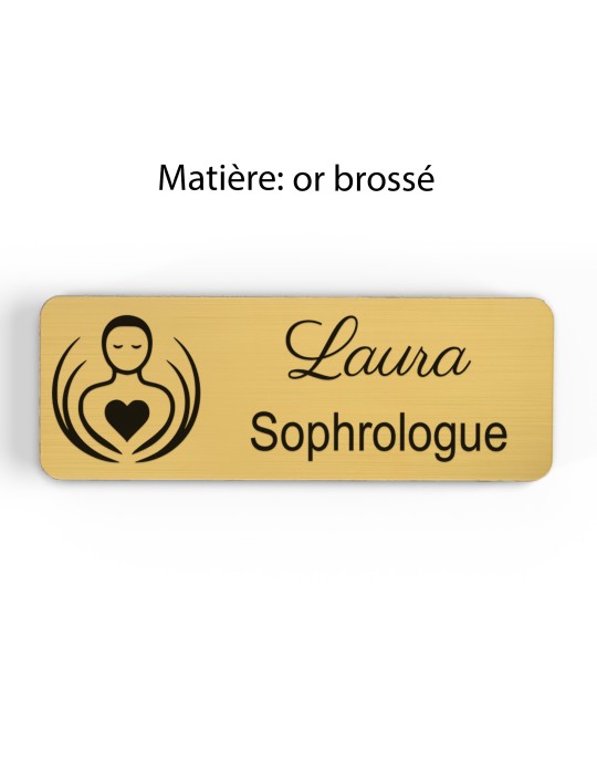 Badge personnalisé sophrologue, motif sophrologie et respiration, finition or brossé