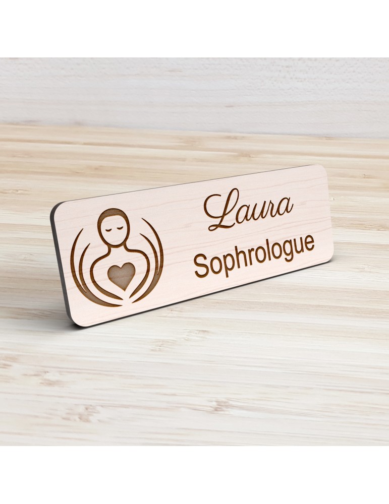 Badge personnalisé sophrologue, motif sophrologie et respiration, vue de présentation