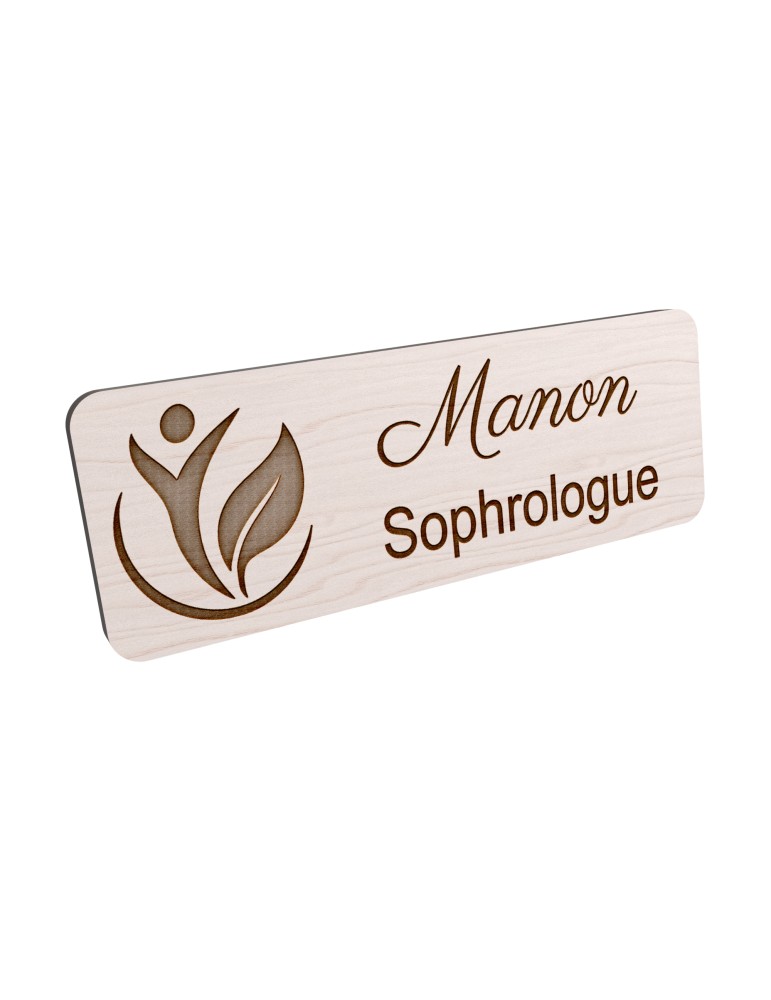 Badge personnalisé sophrologue, motif sophrologie et respiration, vue en biais