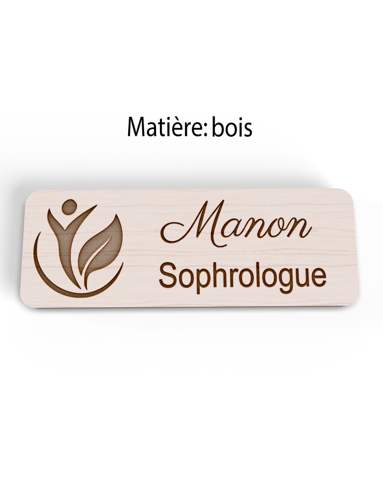 Badge personnalisé sophrologue, motif sophrologie et respiration, version bois vue à plat