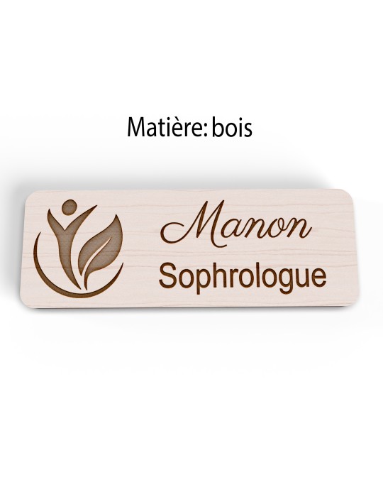 Badge personnalisé sophrologue, motif sophrologie et respiration, version bois vue à plat