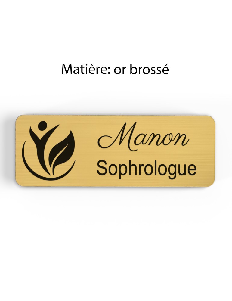 Badge personnalisé sophrologue, motif sophrologie et respiration, finition or brossé