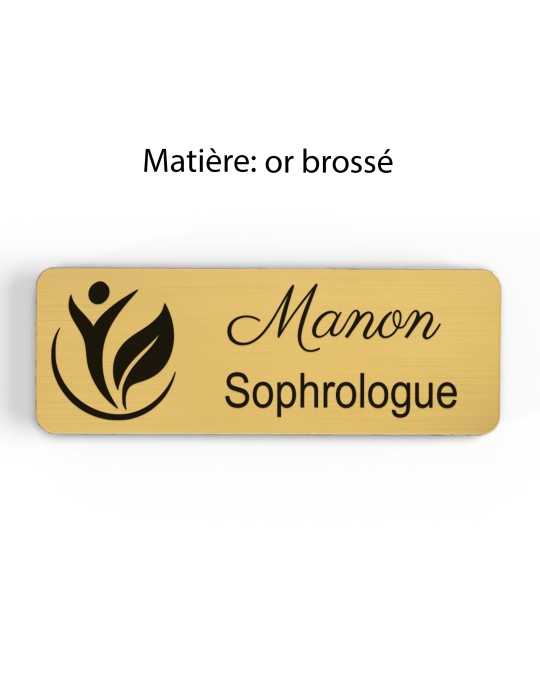 Badge personnalisé sophrologue, motif sophrologie et respiration, finition or brossé