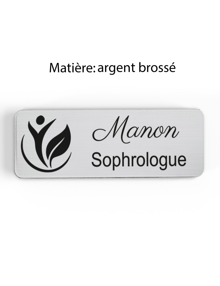 Badge personnalisé sophrologue, motif sophrologie et respiration, finition argent brossé