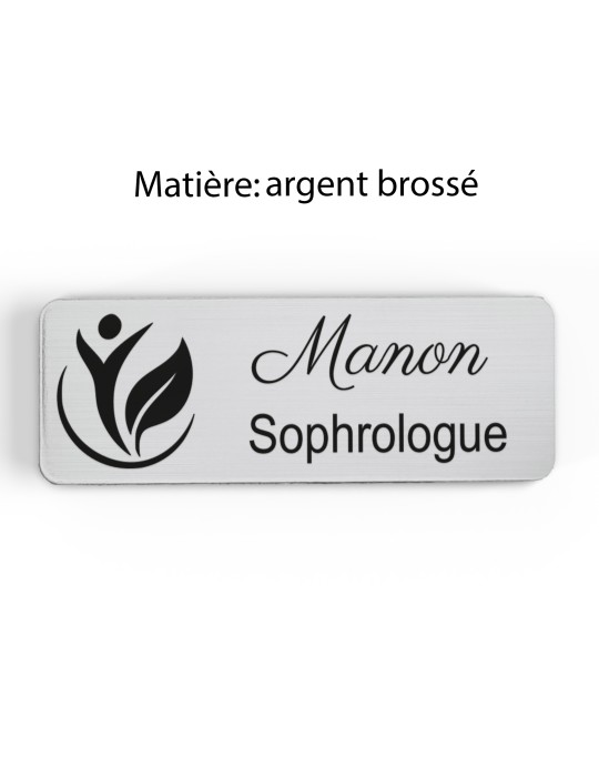 Badge personnalisé sophrologue, motif sophrologie et respiration, finition argent brossé