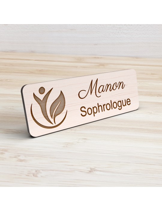Badge personnalisé sophrologue, motif sophrologie et respiration, vue de présentation
