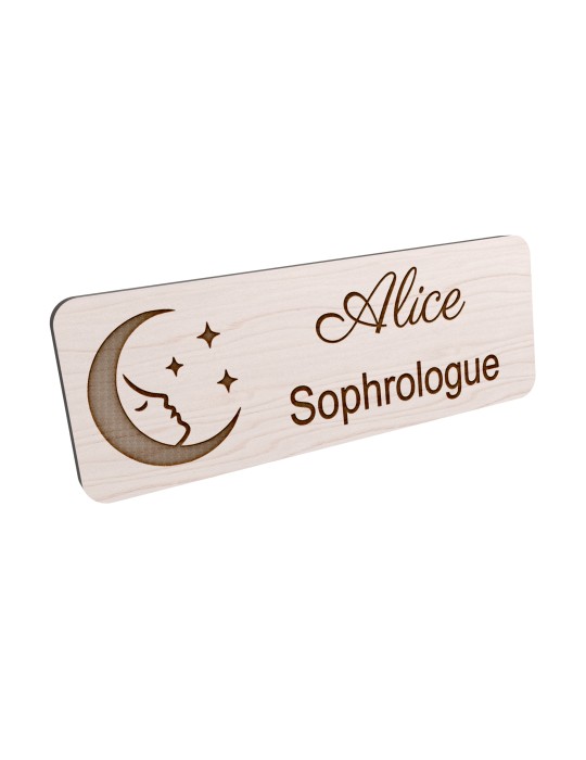 Badge personnalisé sophrologue, motif sophrologie et respiration, vue en biais
