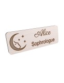 Badge personnalisé sophrologue, motif sophrologie et respiration, vue en biais