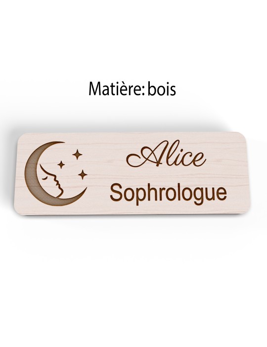 Badge personnalisé sophrologue, motif sophrologie et respiration, version bois vue à plat