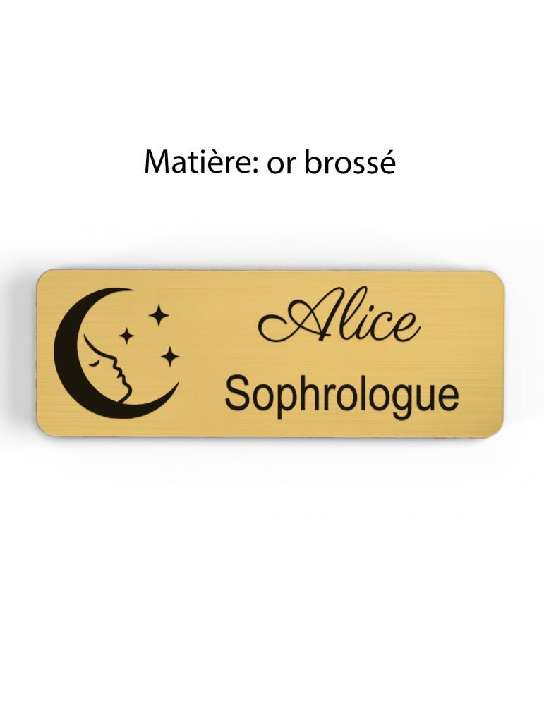 Badge personnalisé sophrologue, motif sophrologie et respiration, finition or brossé