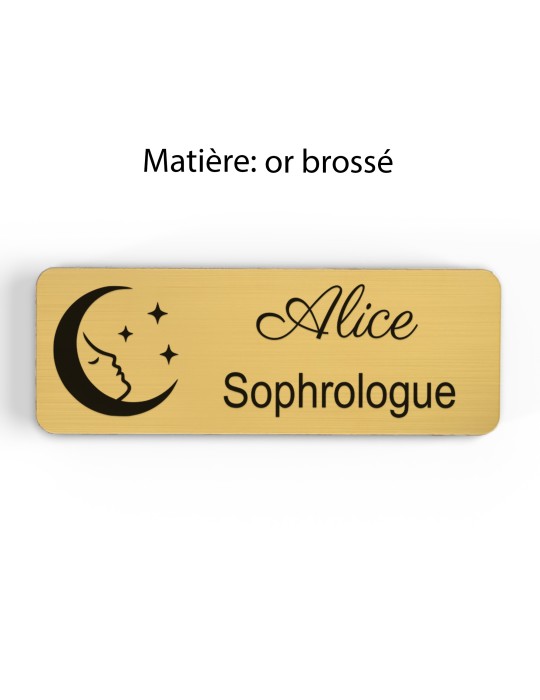 Badge personnalisé sophrologue, motif sophrologie et respiration, finition or brossé