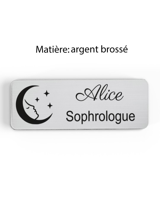 Badge personnalisé sophrologue, motif sophrologie et respiration, finition argent brossé