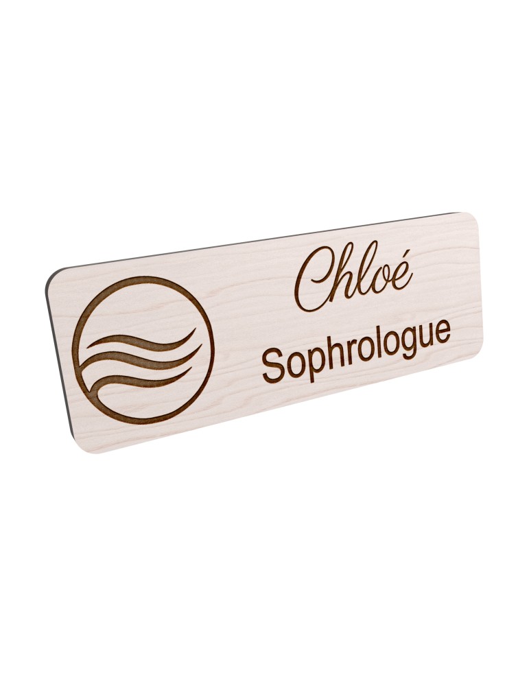 Badge personnalisé sophrologue, motif sophrologie et respiration, vue en biais