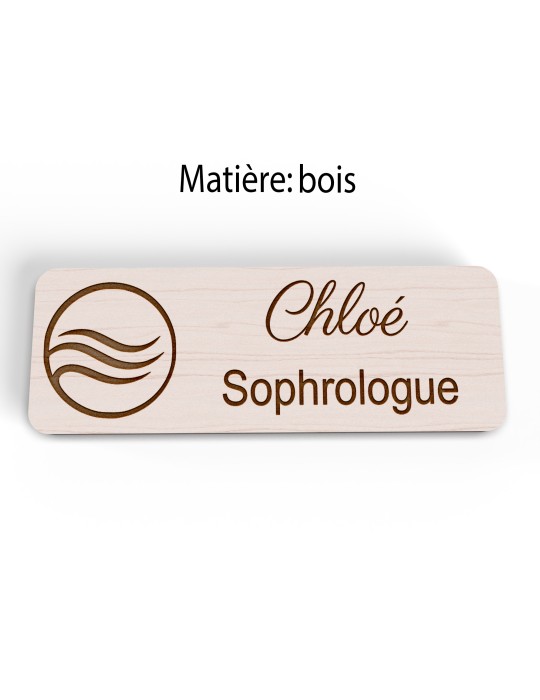 Badge personnalisé sophrologue, motif sophrologie et respiration, version bois vue à plat