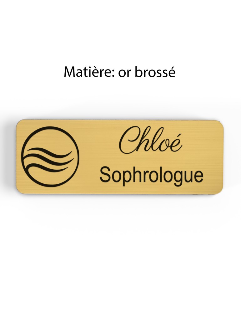 Badge personnalisé sophrologue, motif sophrologie et respiration, finition or brossé