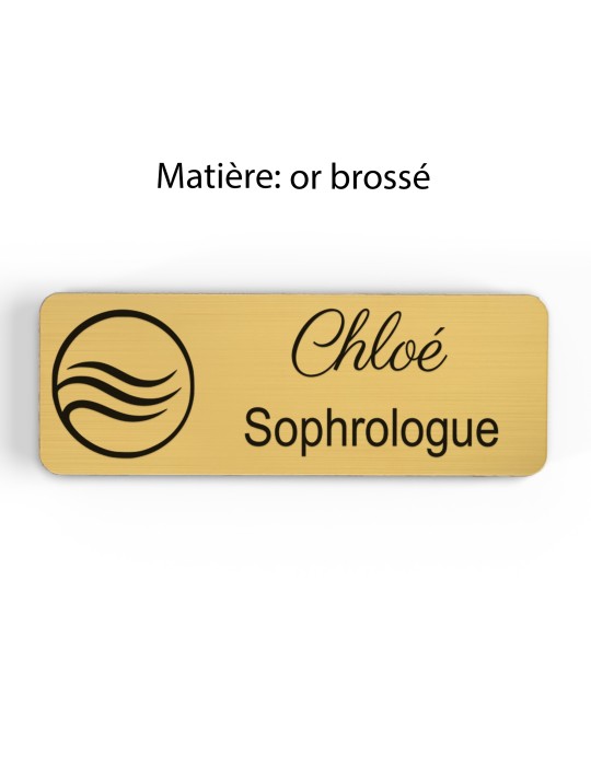 Badge personnalisé sophrologue, motif sophrologie et respiration, finition or brossé