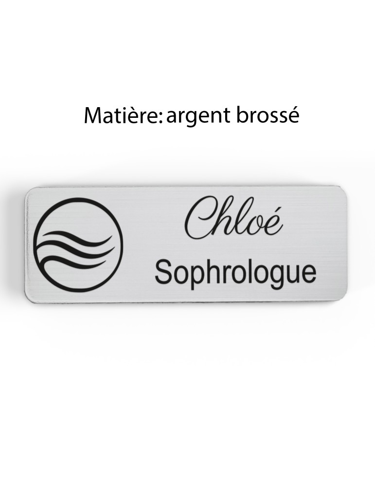 Badge personnalisé sophrologue, motif sophrologie et respiration, finition argent brossé