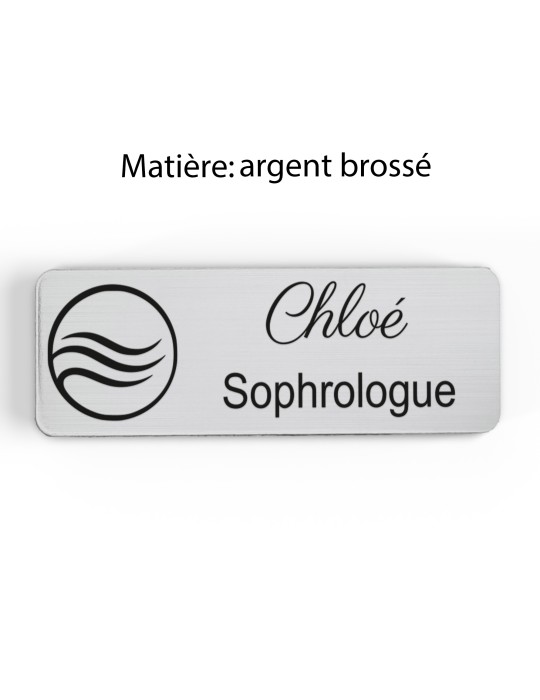 Badge personnalisé sophrologue, motif sophrologie et respiration, finition argent brossé