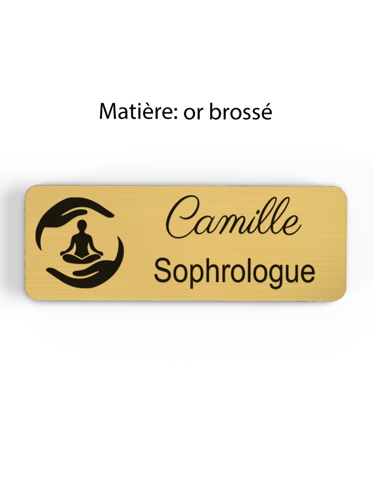 Badge personnalisé sophrologue, motif sophrologie et respiration, finition or brossé