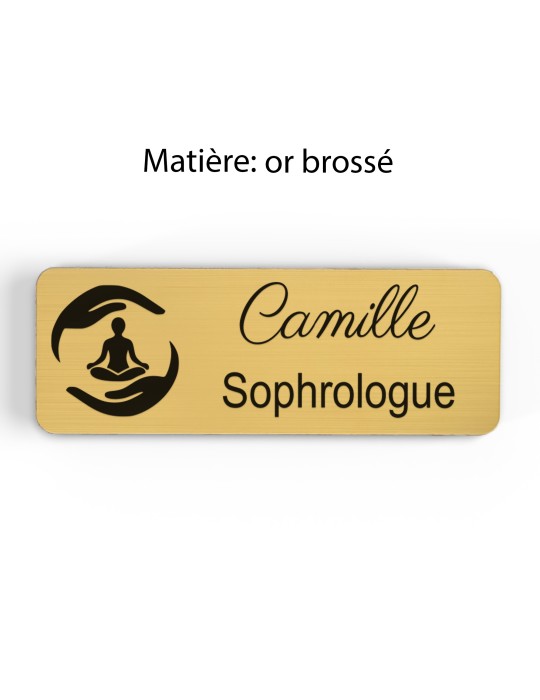 Badge personnalisé sophrologue, motif sophrologie et respiration, finition or brossé