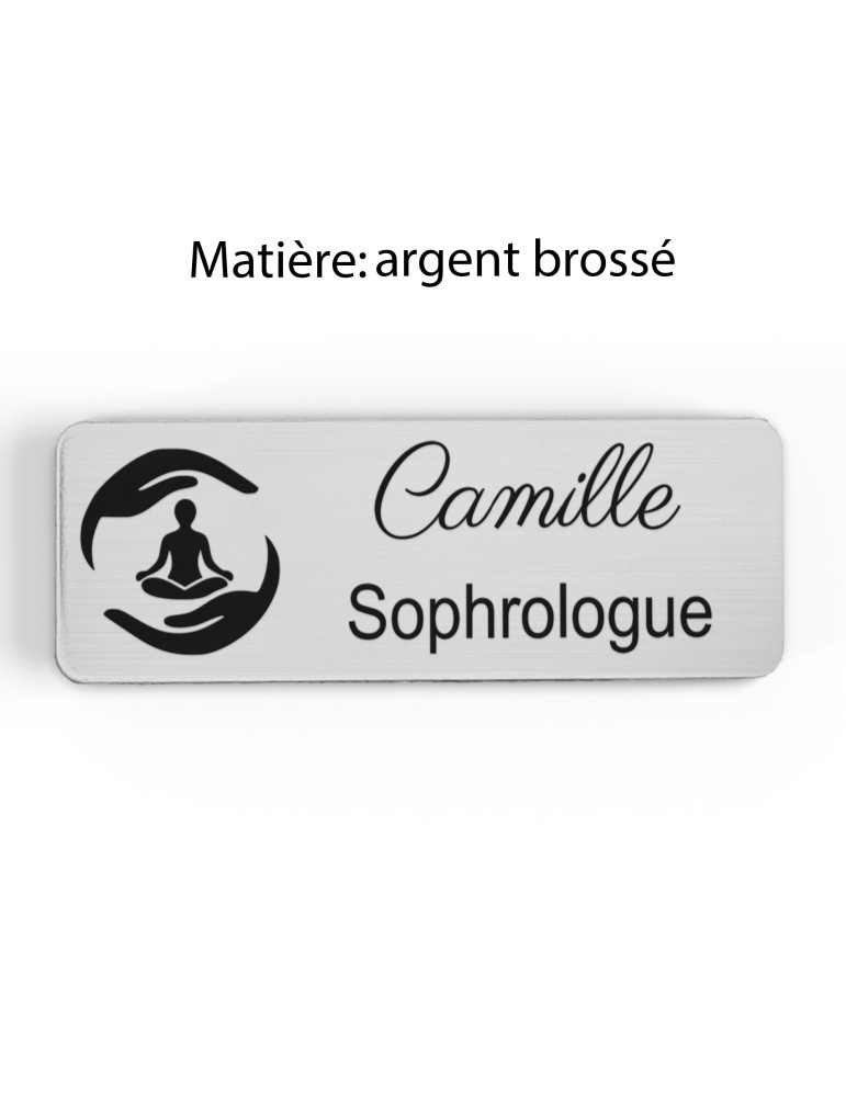 Badge personnalisé sophrologue, motif sophrologie et respiration, finition argent brossé