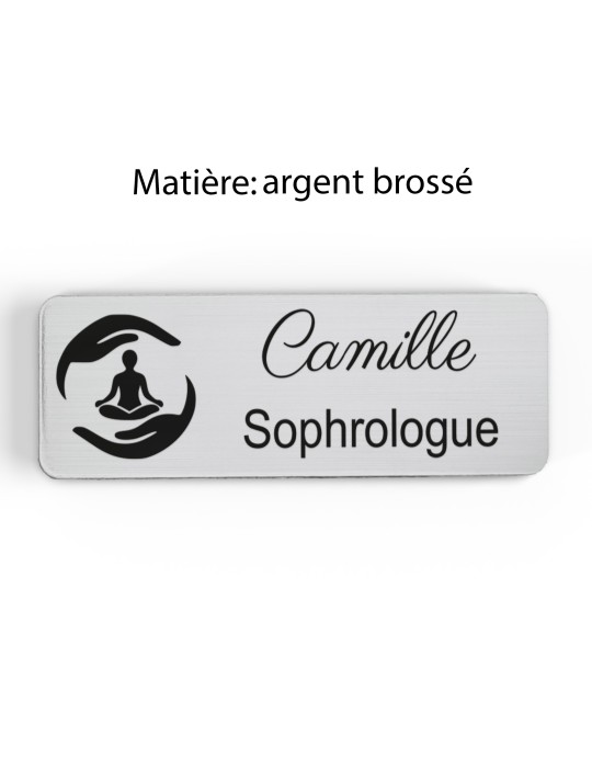 Badge personnalisé sophrologue, motif sophrologie et respiration, finition argent brossé