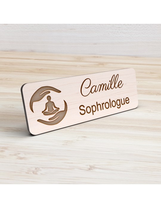 Badge personnalisé sophrologue, motif sophrologie et respiration, vue de présentation