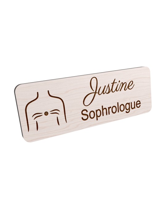 Badge personnalisé sophrologue, motif sophrologie et respiration, vue en biais