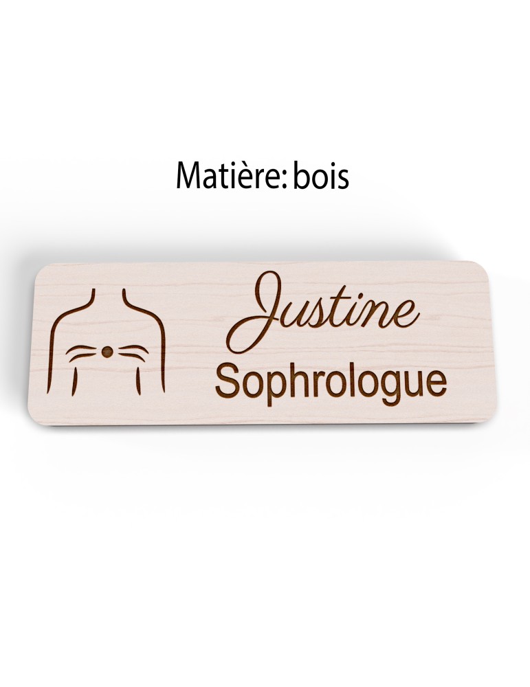 Badge personnalisé sophrologue, motif sophrologie et respiration, version bois vue à plat