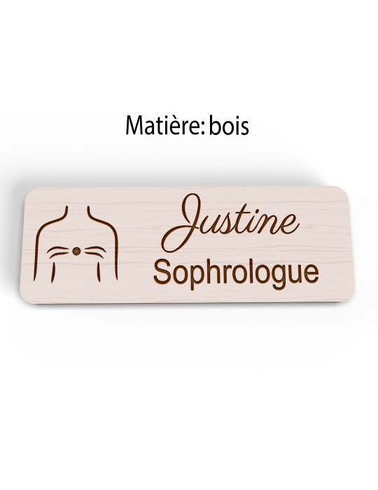 Badge personnalisé sophrologue, motif sophrologie et respiration, version bois vue à plat