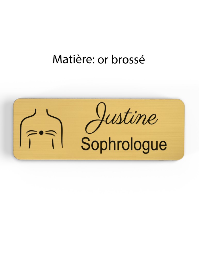 Badge personnalisé sophrologue, motif sophrologie et respiration, finition or brossé