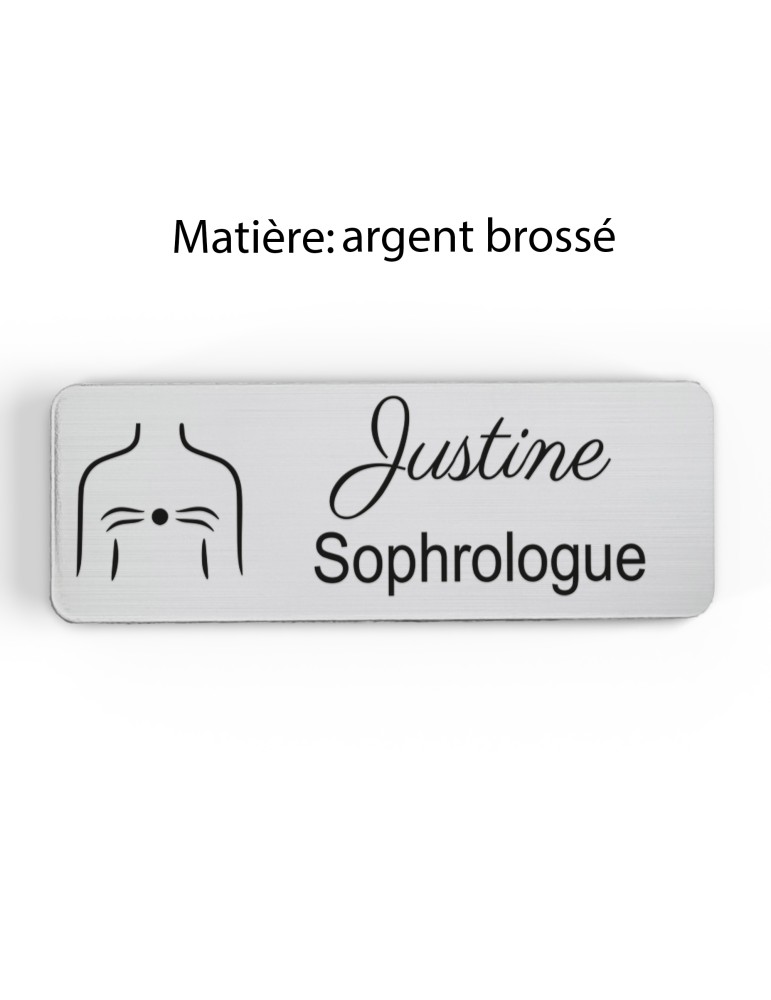 Badge personnalisé sophrologue, motif sophrologie et respiration, finition argent brossé