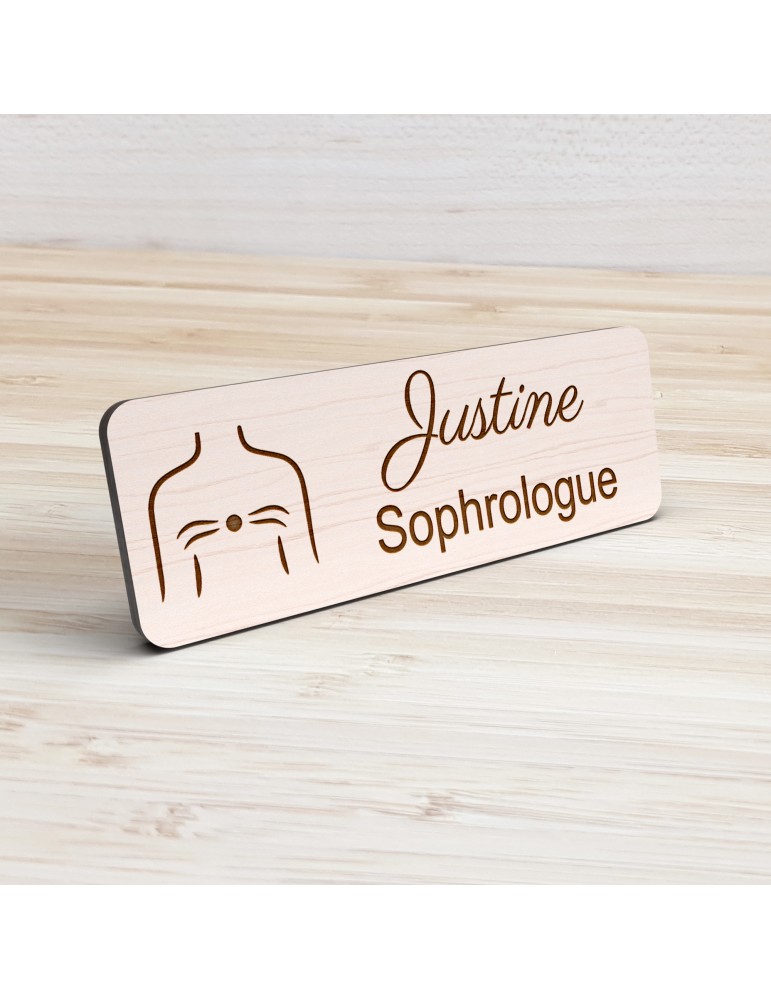 Badge personnalisé sophrologue, motif sophrologie et respiration, vue de présentation