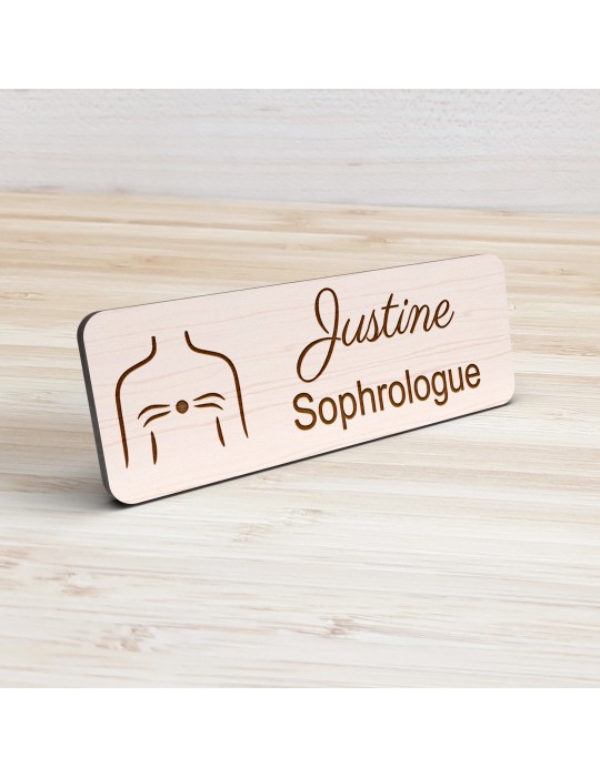 Badge personnalisé sophrologue, motif sophrologie et respiration, vue de présentation