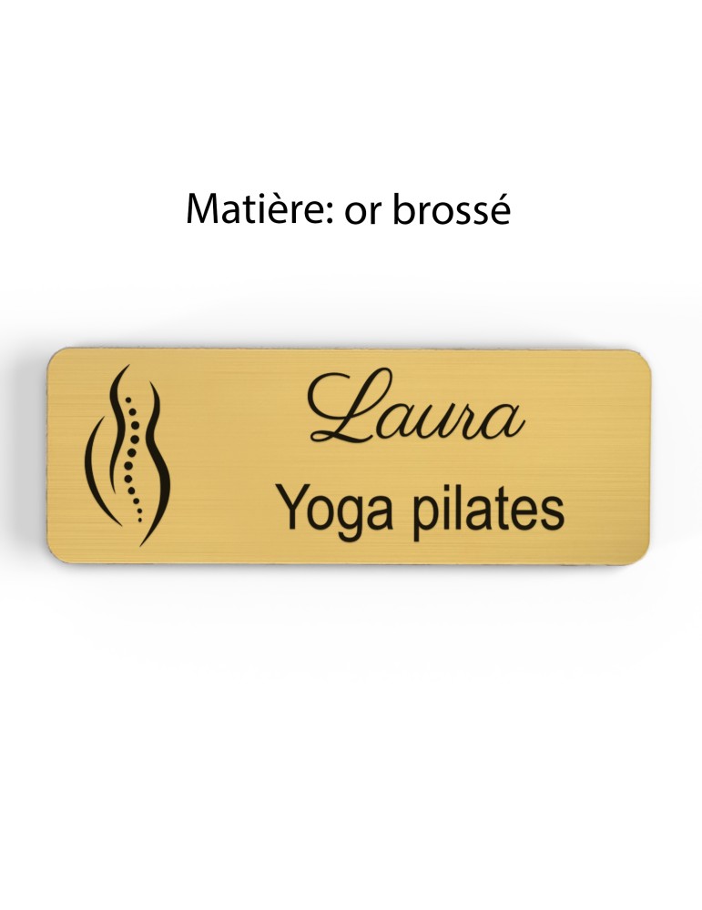 Badge personnalisé yoga et pilates, motif yoga, Pilates et mouvement, finition or brossé