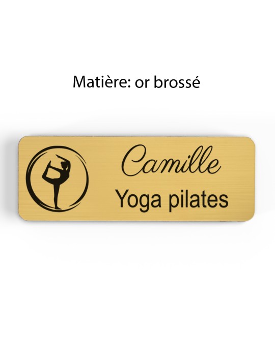 Badge personnalisé yoga et pilates, motif yoga, Pilates et mouvement, finition or brossé