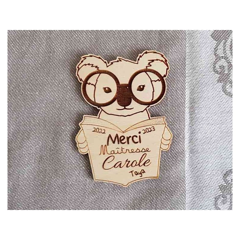 Magnet personnalisé bois koala, remerciement fin d'année scolaire, maîtresse, nounou, atsem