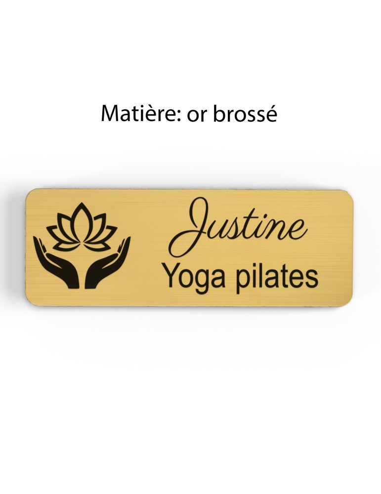 Badge personnalisé yoga et pilates, motif yoga, Pilates et mouvement, finition or brossé