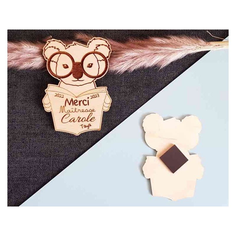 Magnet personnalisé bois koala, remerciement fin d'année scolaire, maîtresse, nounou, atsem