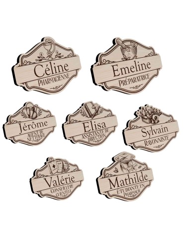 Badge en bois pharmacie personnalisé vintage ancien préparatrice élève préparateur docteur en pharmacie pharmacien pharmacienne