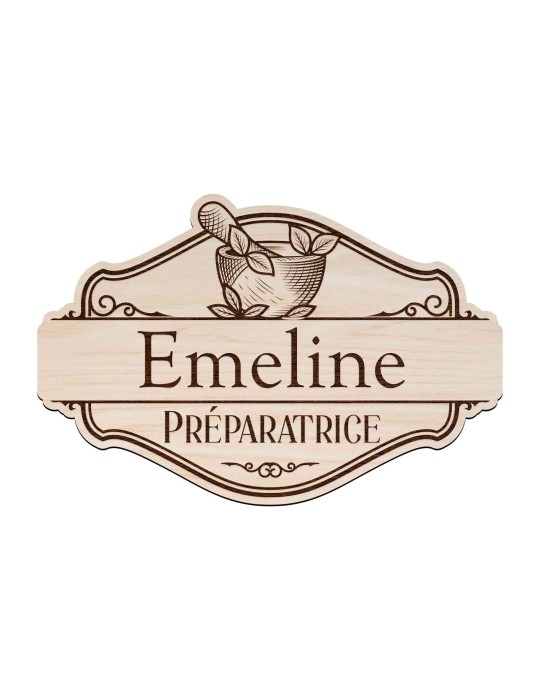 Badge en bois pharmacie personnalisé vintage ancien préparatrice élève préparateur docteur en pharmacie pharmacien pharmacienne
