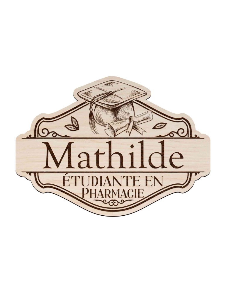 Badge en bois pharmacie personnalisé vintage ancien préparatrice élève préparateur docteur en pharmacie pharmacien pharmacienne