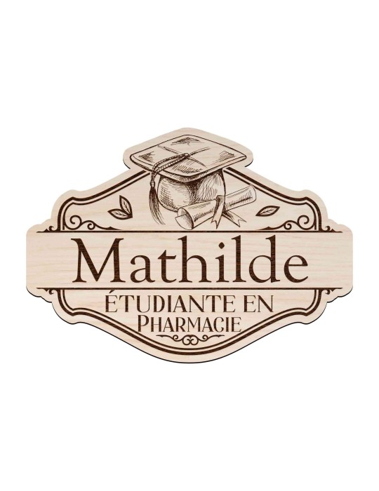 Badge en bois pharmacie personnalisé vintage ancien préparatrice élève préparateur docteur en pharmacie pharmacien pharmacienne