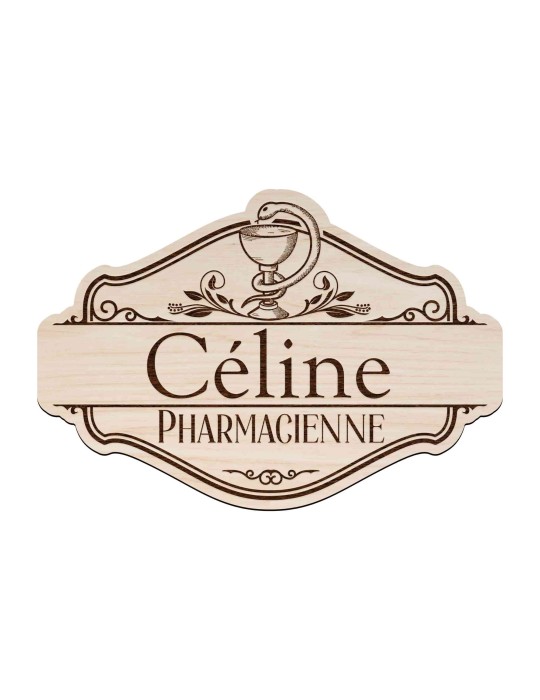 Badge en bois pharmacie personnalisé vintage ancien préparatrice élève préparateur docteur en pharmacie pharmacien pharmacienne